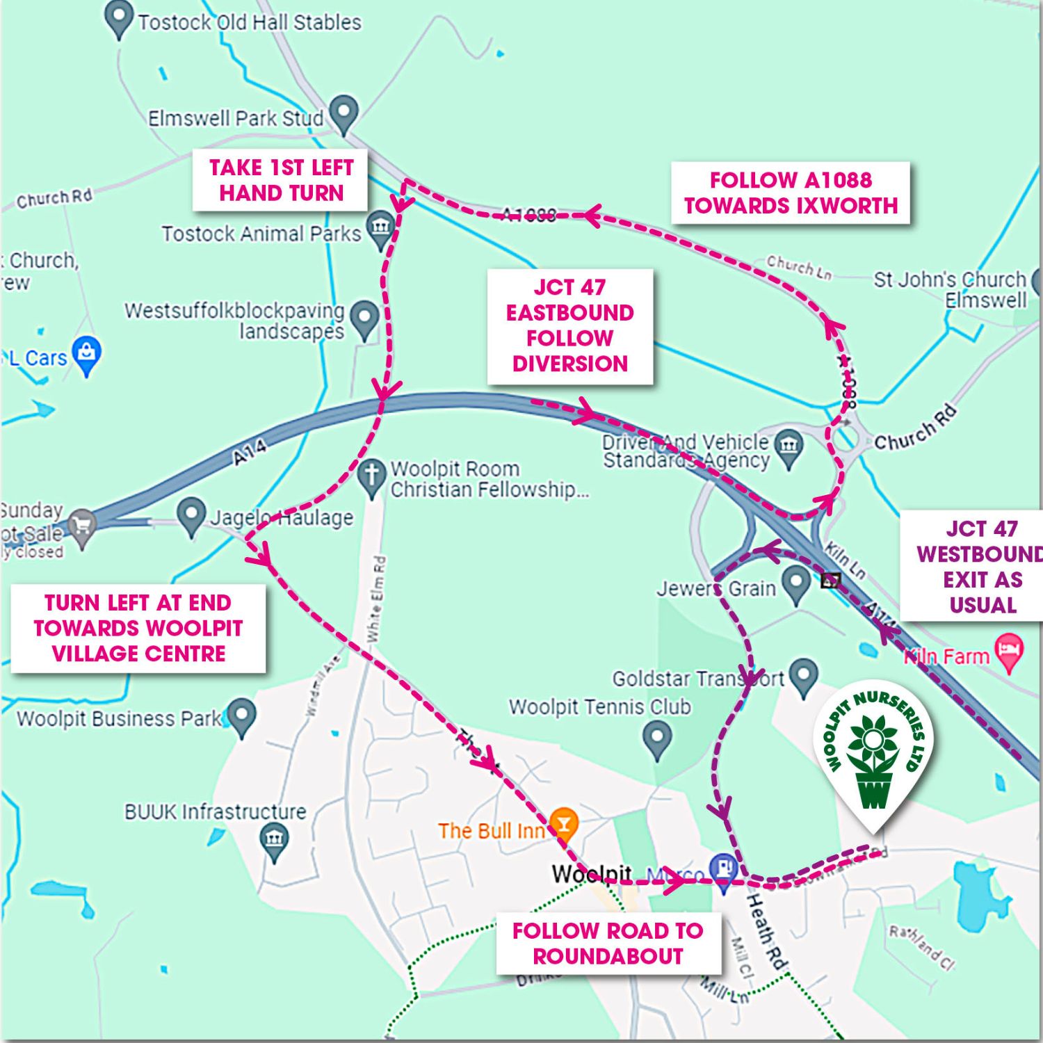 Diversion map to Woolpit Nurseries