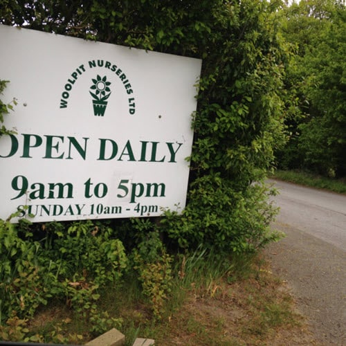 Entrance sign at Woolpit Nurseries in Suffolk